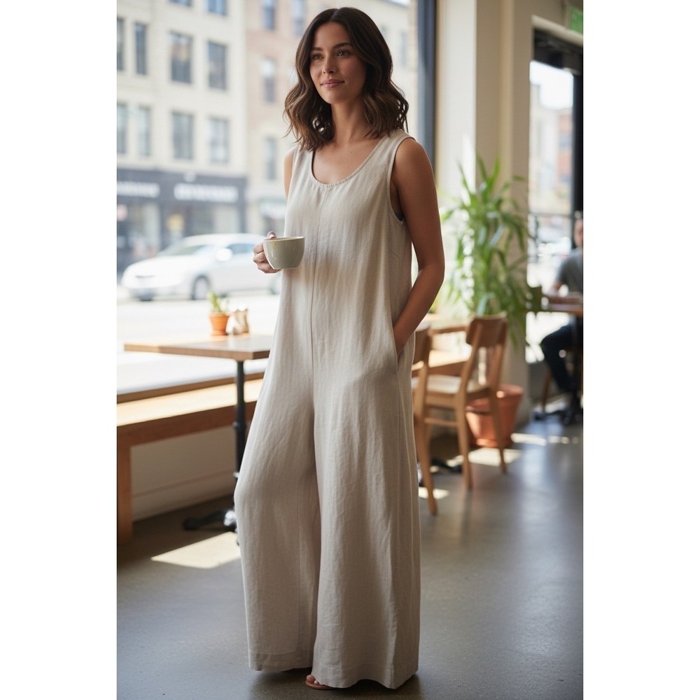 Colette Italy 100% Linen Wide Leg Jumpsuit Sleeveless Beige Oatmeal Pockets L/XL